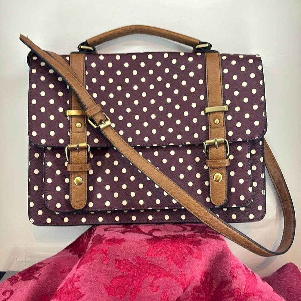 Accessorize‎ Brand Burgundy Polka Dot Business Satchel Rare Faux Leather